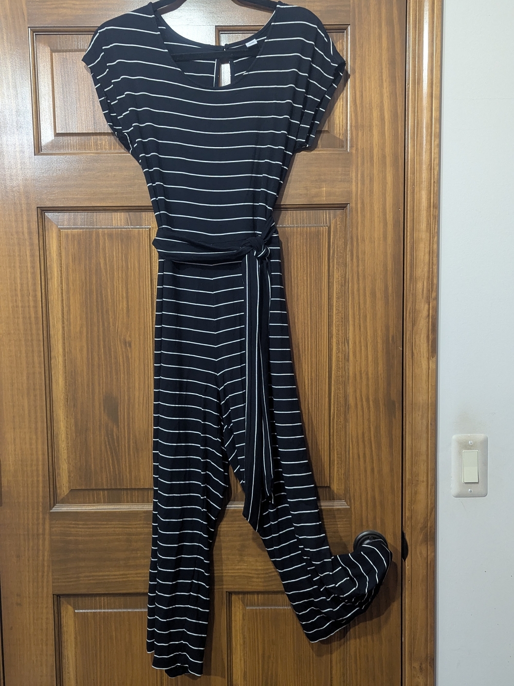 Old Navy Black and White Stripe Short-Sleeve Jumpsuit with Waist Tie